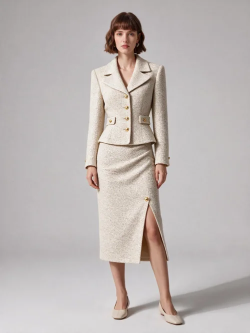 The same photo after an AI clothes swap — the model wears the cream tweed jacket and skirt, pose and scene unchanged