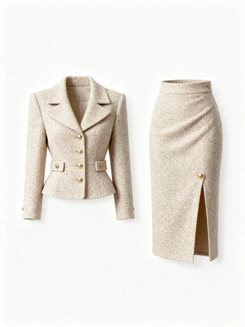 Cream tweed jacket and slit pencil skirt product photo on a white background