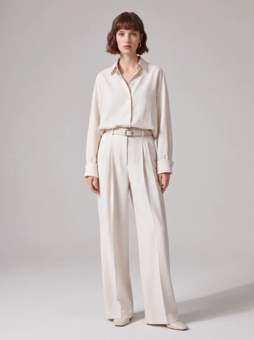 Model in a cream shirt and wide-leg trousers standing in a grey photo studio