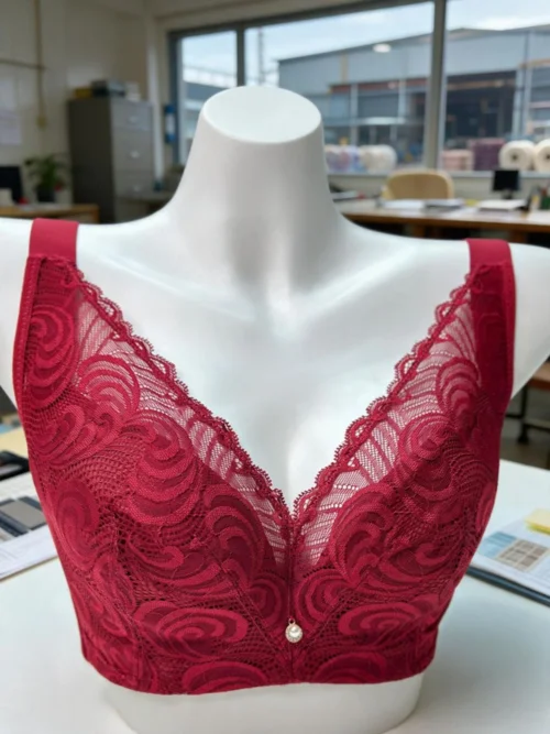 Wine-red lace bra on a dress form, shot in a cluttered studio