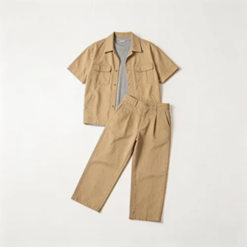 Navy casual suit laid flat on a white background
