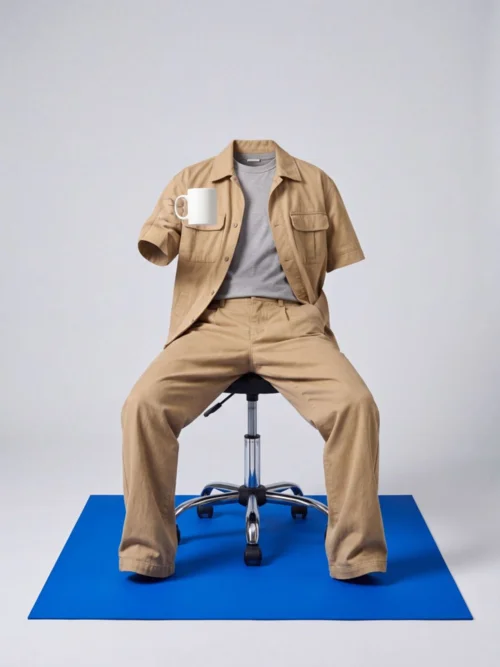The same suit as a ghost mannequin image — an invisible figure slouched on an office stool, holding a mug out to the camera