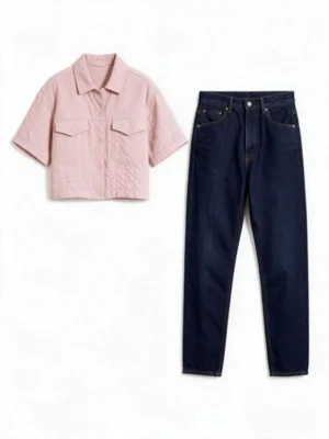 Uploaded flat-lay photo of a pink boxy shirt and navy straight jeans