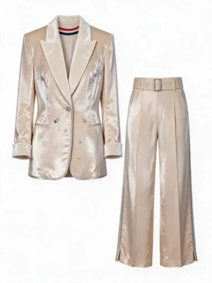 Uploaded flat-lay photo of a champagne satin blazer and wide-leg trousers set