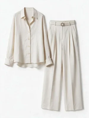 Uploaded flat-lay photo of a cream button-up shirt and pleated trousers