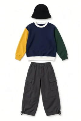 Uploaded flat-lay photo of a kids outfit with bucket hat and colorblock sweatshirt