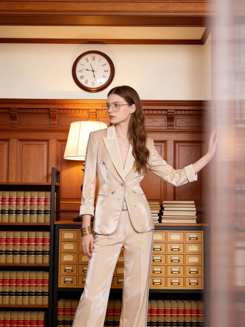 AI fashion model photo example: woman in a champagne satin suit, wood-paneled library scene