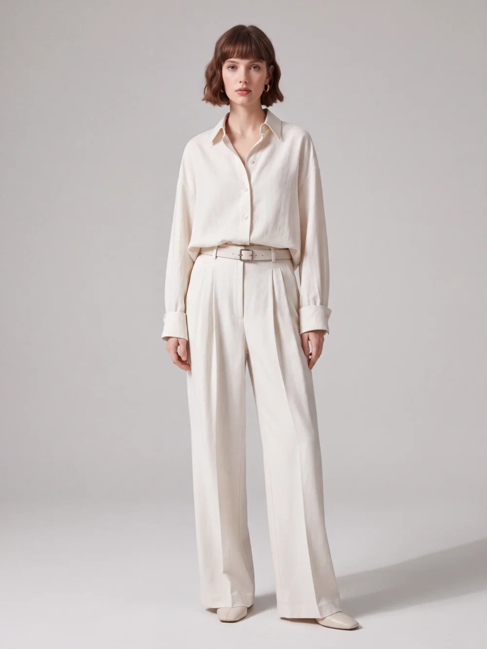 AI fashion model photo example: woman in a cream shirt and belted trousers, light-gray studio backdrop
