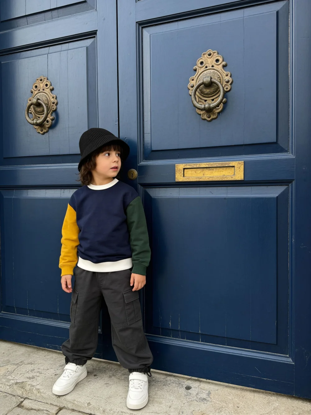 AI fashion model photo example: boy in a bucket hat and colorblock sweatshirt, navy door street scene