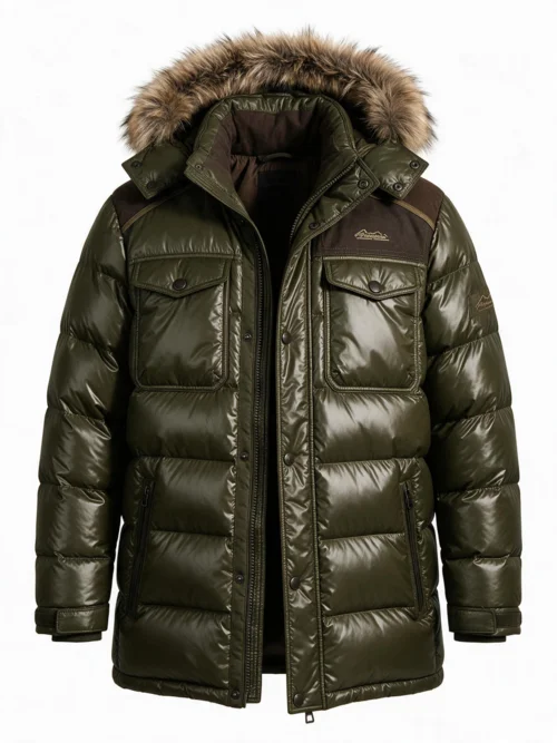 Black hooded puffer jacket photographed flat on a white background